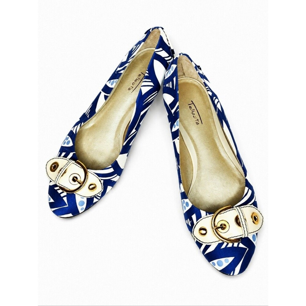 Talbots Blue Fabric Geometric Leaves Creamy Leather Gold Buckles Slip On Flats